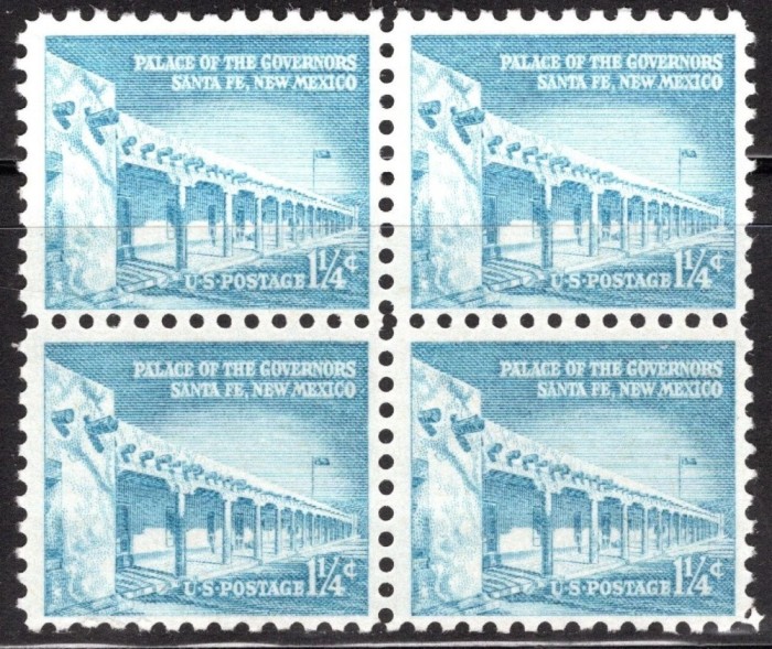 SUA 1954 - Palatul Guvernatorului din Santa Fe, uzual 1 1/4c, bloc de 4 neuzat