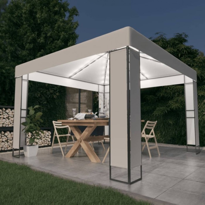 Pavilion cu acoperiș dublu &amp; șiruri de lumini LED, alb, 3x3 m