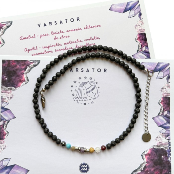 Colier la baza gatului cu 7 cristale si lava vulcanica pentru zodia Varsator