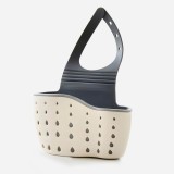 Organizator chiuveta bucatarie cu scurgere &acirc; suport laveta si burete, plastic flexibil bej, curea reglabila, 15x20 cm