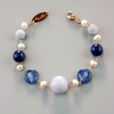 Cumpara ieftin Brățară Argint 925 Placat Aur Roz cu Agat Albastru, Calcedonie și Perle Cultură Maya, Reglabilă 18-24cm, Cutie Cadou