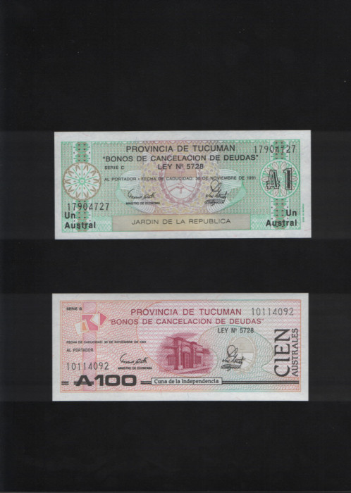 Set Argentina 1 + 100 australes provincia Tucuman 1991 unc