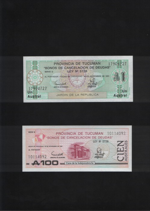 Set Argentina 1 + 100 australes provincia Tucuman 1991 unc