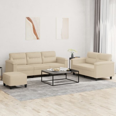 vidaXL Set de canapele cu perne, 3 piese, crem, microfibră foto