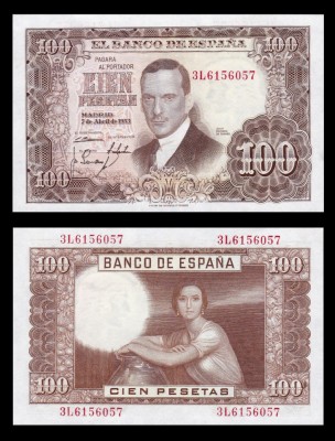 SPANIA █ bancnota █ 100 Pesetas █ 1953 █ P-145 █ UNC █ necirculata foto