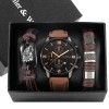Set Cadou Barbati Geneva Adventure: Ceas Quartz Negru Maro, 2 Bratari Piele Maro Negru Argintiu, Cutie Cadou