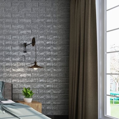 Tapet 3D Silver design perete modern din caramida in relief, Autoadeziv , 77x70 cm foto
