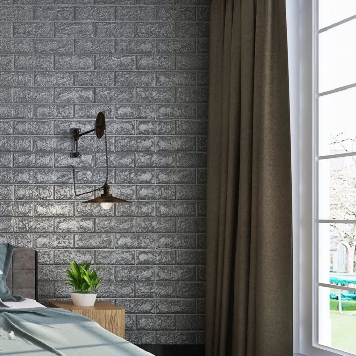 Tapet 3D Silver design perete modern din caramida in relief, Autoadeziv , 77x70 cm