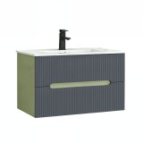 Dulap Baie Leziter Trent 80 cm Verde Fistic - Gri Antracit, MDF, Cu Chiuveta Ceramica, 2 Sertare Soft-Close, Suspendat
