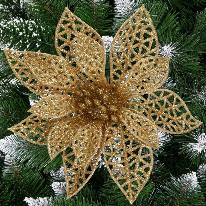 Set 10 ornamente pentru bradul de Craciun, stea Poinsettia, 14cm, auriu Household NewTrend