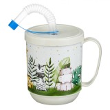 Pahar Plastic cu Pai și M&acirc;ner, Model Animale din Junglă, Capacitate 350 ml, Multicolor