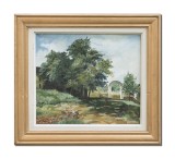 Cumpara ieftin Tablou vechi pictat manual inramat, Peisaj din natura, la conac, 55x50cm ulei pe panza, Emilian Enache