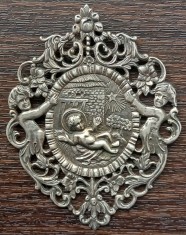 (89) PANDATIV / MEDALION DIN ARGINT, VINTAGE, MARE, MOTIVE FLORALE SI RELIGIOARE SI INGERASI, ISUS IN IESLE, SUPERB