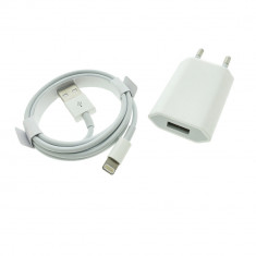 Set incarcator pentru Apple, A1400, priza EU, 1 x USB, 5W, cu cablu tip Lightning, 1m, alb, in blister