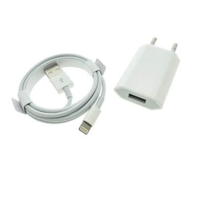 Set incarcator pentru Apple, A1400, priza EU, 1 x USB, 5W, cu cablu tip Lightning, 1m, alb, in blister foto