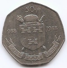 Irlanda 50 Pence 1988 - (Dublin Millennium) Cupru nichel, 30 mm, KM-26 (1)