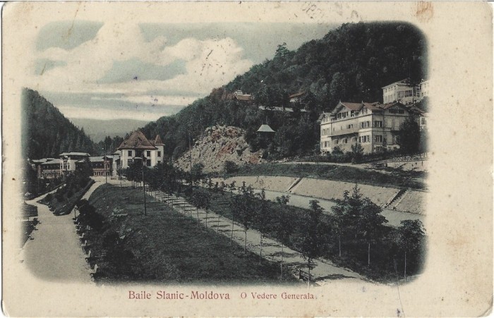 CP714N Băile Slănic Moldova, O vedere generală, carte poștală circulată Băile Slănic &ndash; Ploiești, 1907