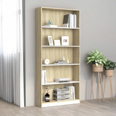 vidaXL Bibliotecă cu 5 rafturi, alb & stejar sonoma, 80x24x175 cm, PAL