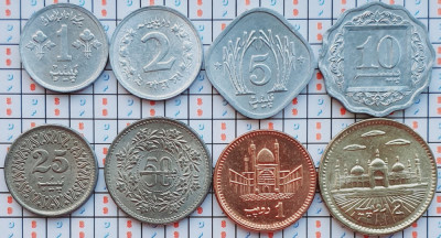 set 8 monede Pakistan 1, 2, 5, 10, 25, 50 Paisa 1, 2 Rupees 1967-2005 UNC - A036 foto