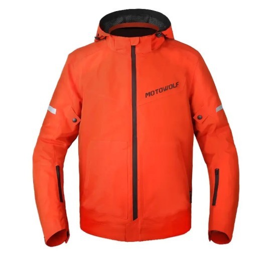 Geaca moto, windproof, impermeabila, protectii umeri coate si spate certificate CE, gluga detasabila, Orange, Motowolf