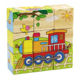 Set 6 in 1 cuburi Puzzle din lemn pentru copii, 6 imagini, vehicule