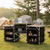 Bucatarie de camping pliabila cu 3 blaturi si cadru din aluminiu, 175 cm
