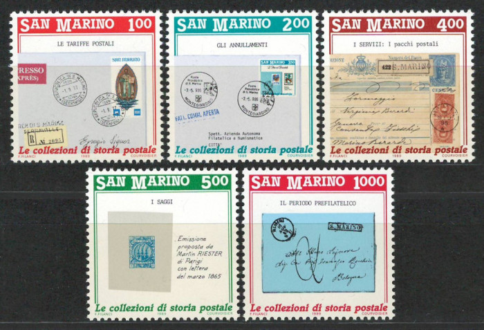 San Marino 1989 Mi 1416/20 MNH - Promovarea filateliei (II): Istorie postala