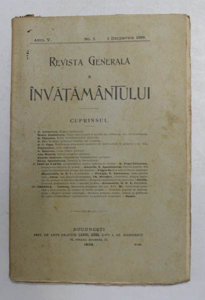 REVISTA GENERALA A INVATAMANTULUI , ANUL V , NR. 5 , 1 DECEMBRIE 1909