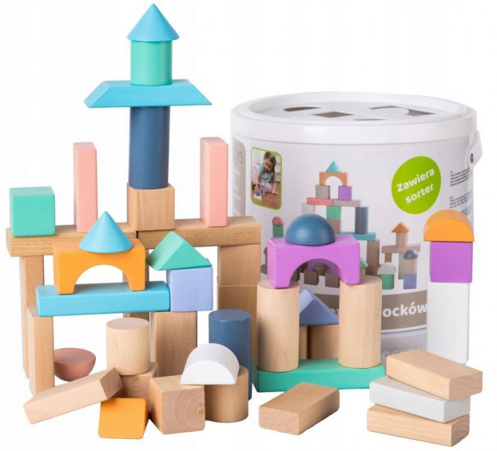 Set 50 Jucarii din Lemn EcoToys, Diverse Forme Geometrice, cu Galeata si Capac Sortator, Multicolor