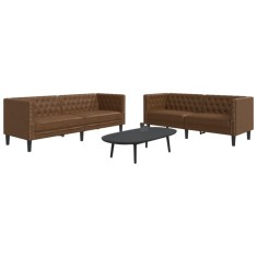 Set canapele Chesterfield cu 2 locuri, maro piele &icirc;ntoarsă eco.