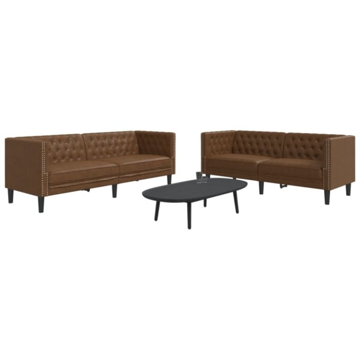 Set canapele Chesterfield cu 2 locuri, maro piele &icirc;ntoarsă eco.