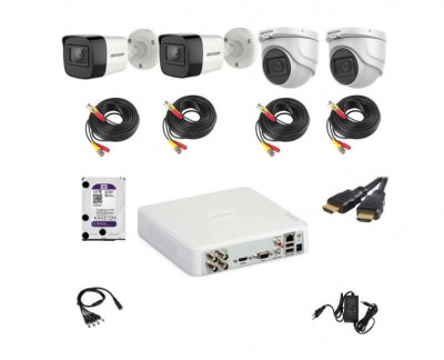 Kit supraveghere video Hikvision 5MP format din 2 camere tip dome ,2 camera tip bullet si accesorii complete incluse SafetyGuard Surveillance foto