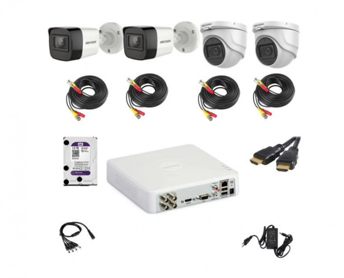 Kit supraveghere video Hikvision 5MP format din 2 camere tip dome ,2 camera tip bullet si accesorii complete incluse SafetyGuard Surveillance