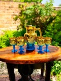 Set carafă cu pahare albastre model trandafir