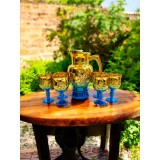 Set carafă cu pahare albastre model trandafir