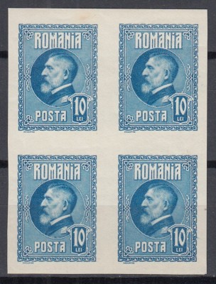 ROMANIA 1926 LP 74 a A 60 a ANIVERSARE A REGELUI FERDINAND VALOAREA 10 LEI ALBASTRU NEDANTELAT BLOC DE 4 TIMBRE STARE MNH foto