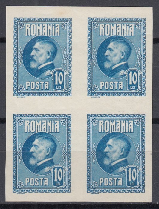 ROMANIA 1926 LP 74 a A 60 a ANIVERSARE A REGELUI FERDINAND VALOAREA 10 LEI ALBASTRU NEDANTELAT BLOC DE 4 TIMBRE STARE MNH