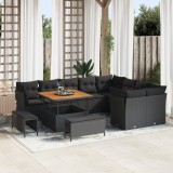 Set de sofa de grădină vidaXL 12 piese cu perne Negru Poli Ratan Acacia, Set de dining de grădină vidaXL 3 piese cu perne Negru Poli Ratan Acacia