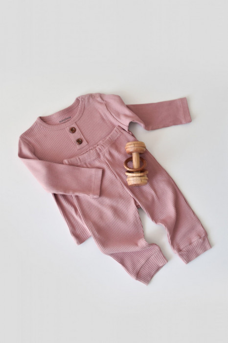 Set bluzita cu maneca lunga si pantaloni lungi din bumbac organic si modal - Roz BabyCosy (Marime: 3-6 Luni)