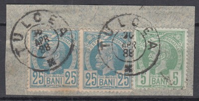 ROMANIA 1885/88 REGELE CAROL I VULTURI 5 BANI+25 BANI+25 BANI/FRAGMENT STAMPILAT TULCEA foto