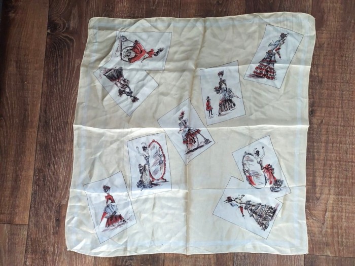 Esarfa / batic fin matasos, cu femei in haine de epoca 59x59cm