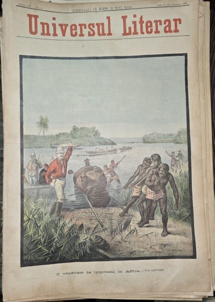 Revista Universul Literar nr.6/1897 pe coperta o vanatoare de hipopotami in Africa