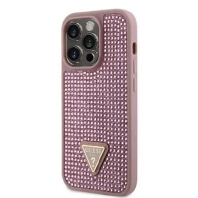 Husa Guess Rhinestones Triangle Metal Logo pentru iPhone 14 Pro Pink foto