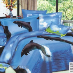 lenjerie de pat bumbac satinat 2 persoane 4 piese imprimeu 3d delfini