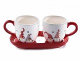 Cumpara ieftin Set 2 cesti cu tavita din ceramica alba rosie model Mos Craciun 7x6 cm