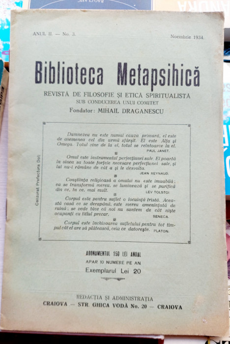 Biblioteca Metapsihica Anul II - Numarul 3 din noiembrie 1934