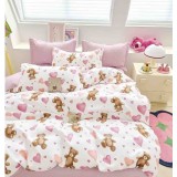 Lenjerie pat single,bumbac finet,4 piese,cearceaf normal,roz,ursuleti-A1054