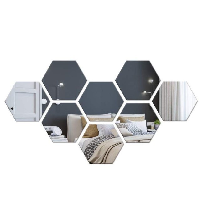 Set 8 Oglinzi Acrilice Autoadezive Luxer, Model Hexagon,18.5x16x9.3 cm, Silver