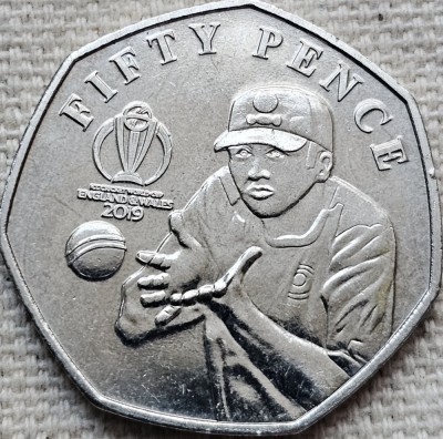 50 pence 2019 Isle of Man / Insula Man , Slip Catch, Cricket ICC World Cup, tiraj 12500 foto