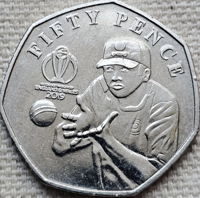 50 pence 2019 Isle of Man / Insula Man , Slip Catch, Cricket ICC World Cup, tiraj 12500